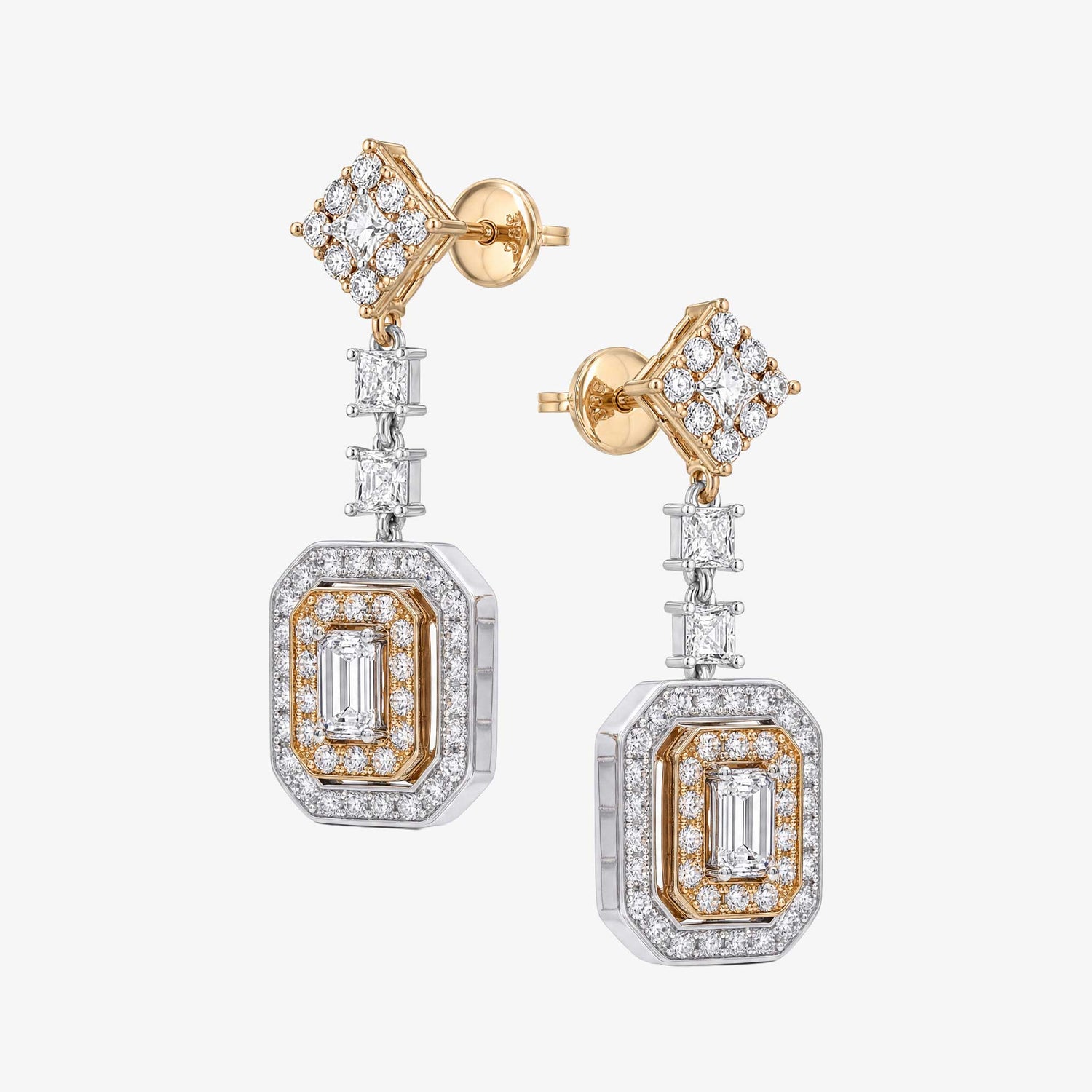 0.88 ctw Natural Emerald Cut Diamond Drop Earrings in 18K Two-Tone Gold