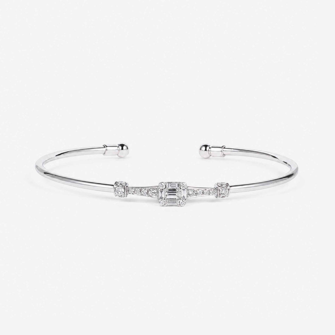 Natural Mixed Cut Diamond Cluster Open Cuff Bangle in 18K White Gold - JewelryAndStore