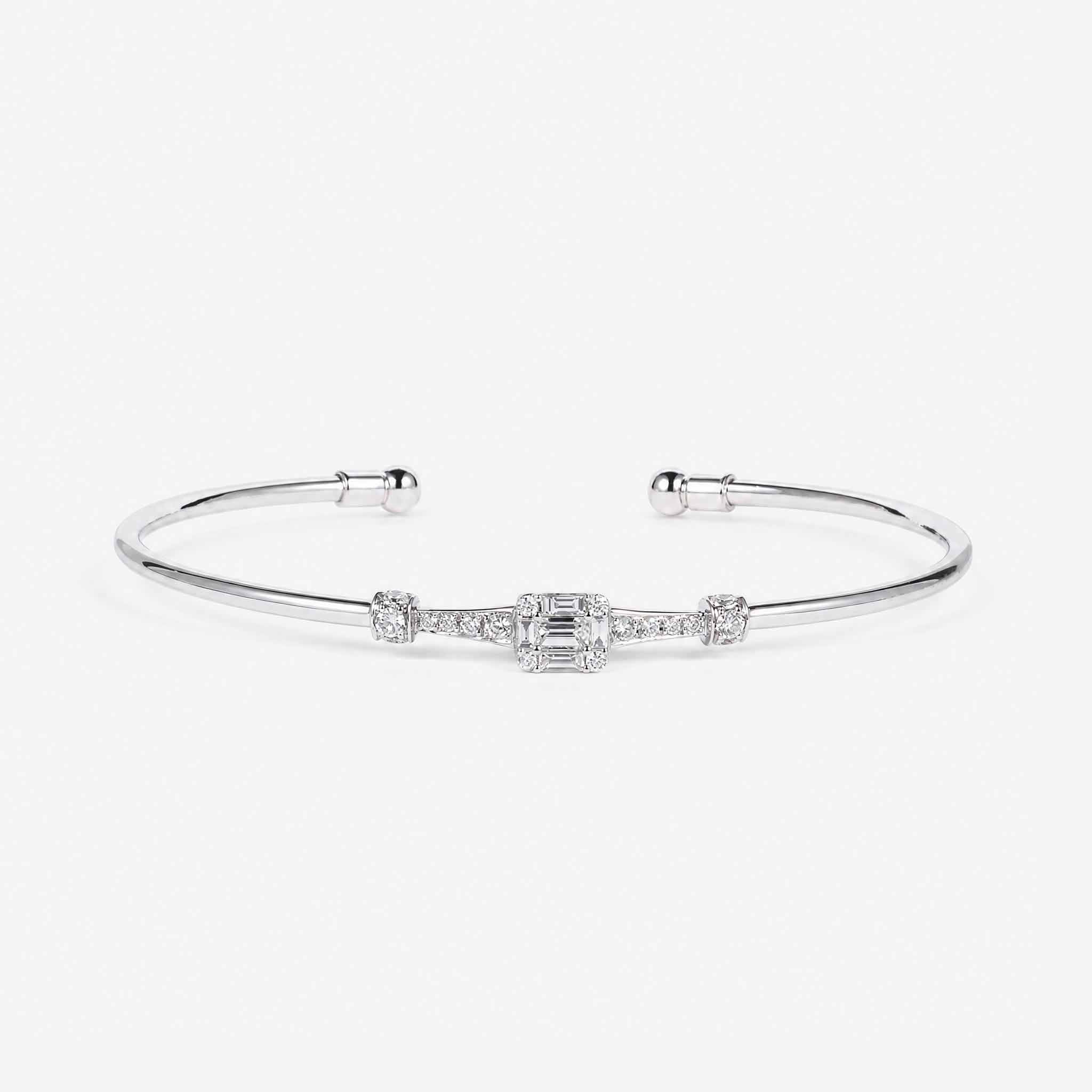 Natural Mixed Cut Diamond Cluster Open Cuff Bangle in 18K White Gold - JewelryAndStore