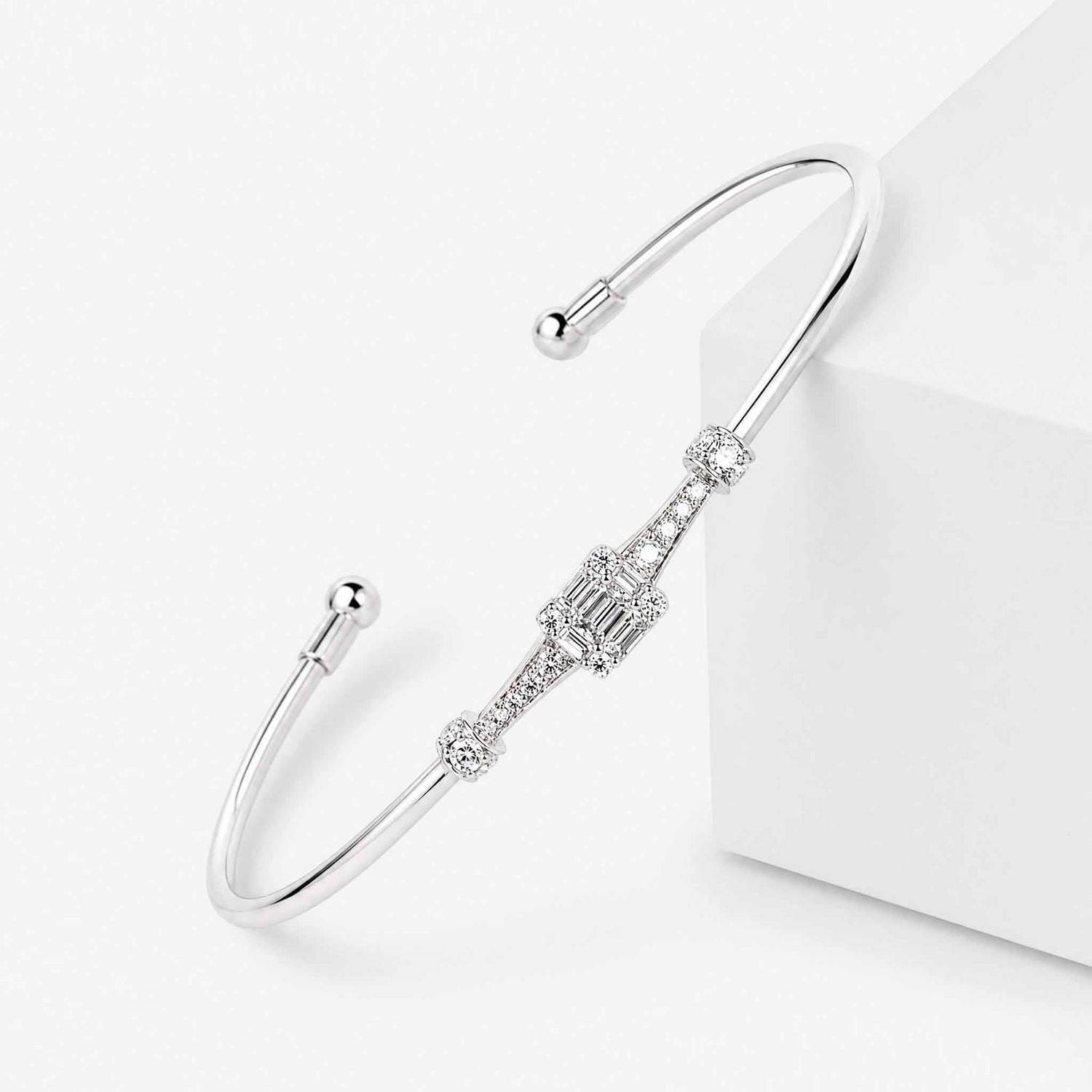 Natural Mixed Cut Diamond Cluster Open Cuff Bangle in 18K White Gold - JewelryAndStore