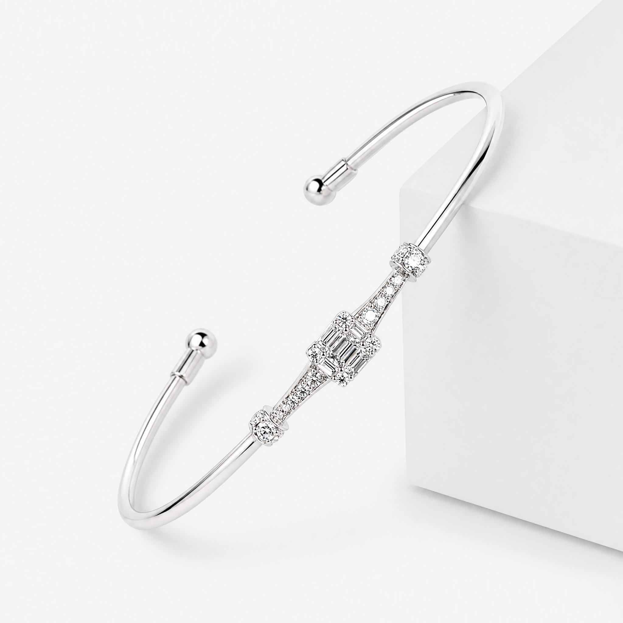 Natural Mixed Cut Diamond Cluster Open Cuff Bangle in 18K White Gold - JewelryAndStore