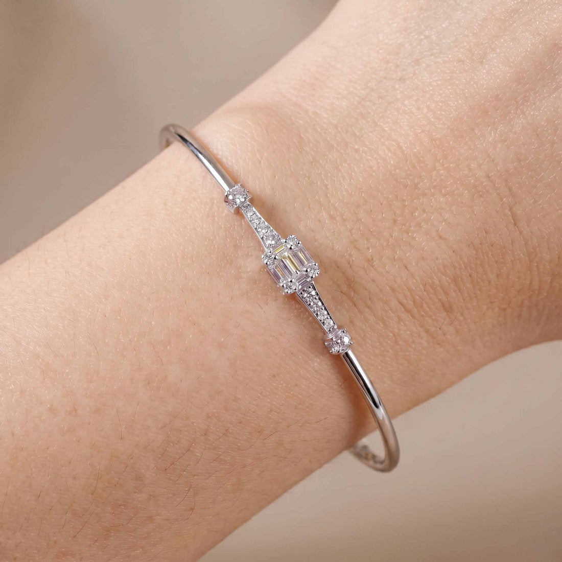 Natural Mixed Cut Diamond Cluster Open Cuff Bangle in 18K White Gold - JewelryAndStore