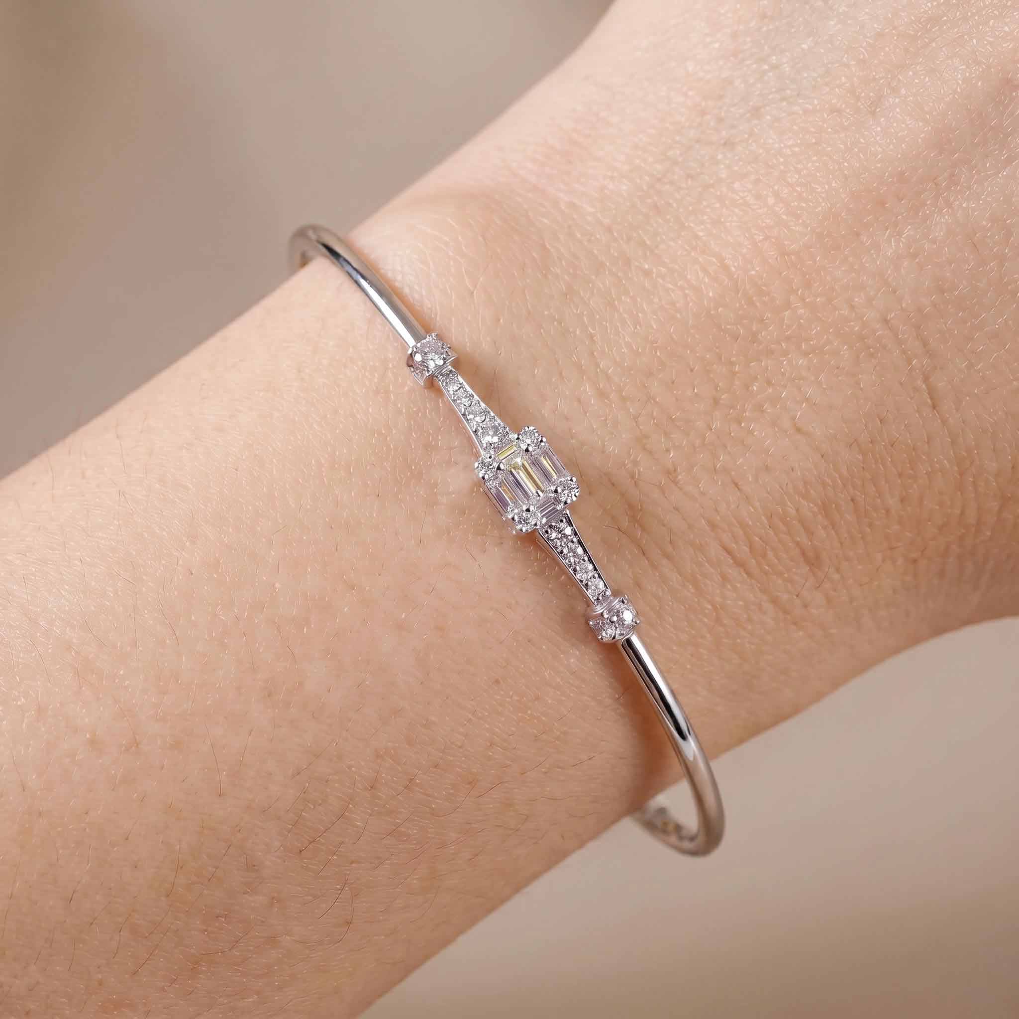 Natural Mixed Cut Diamond Cluster Open Cuff Bangle in 18K White Gold - JewelryAndStore