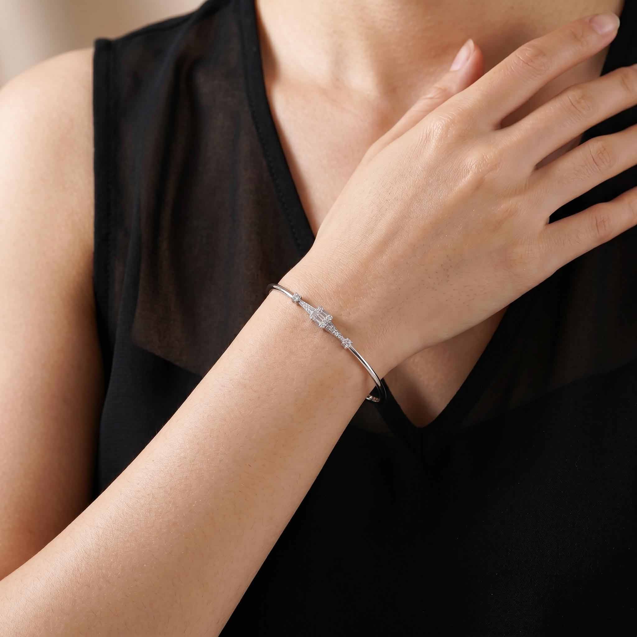 Natural Mixed Cut Diamond Cluster Open Cuff Bangle in 18K White Gold - JewelryAndStore