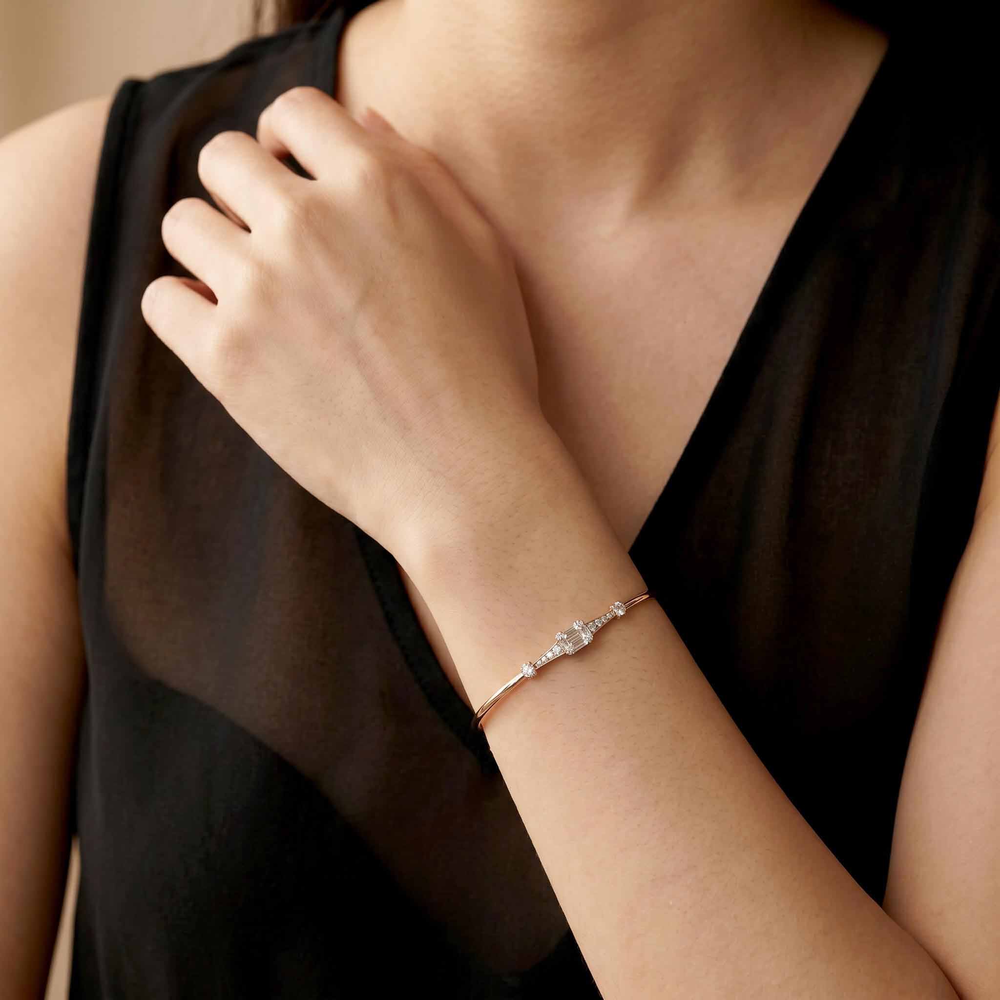 Natural Mixed Cut Diamond Cluster Open Cuff Bangle in 18K Rose Gold - JewelryAndStore