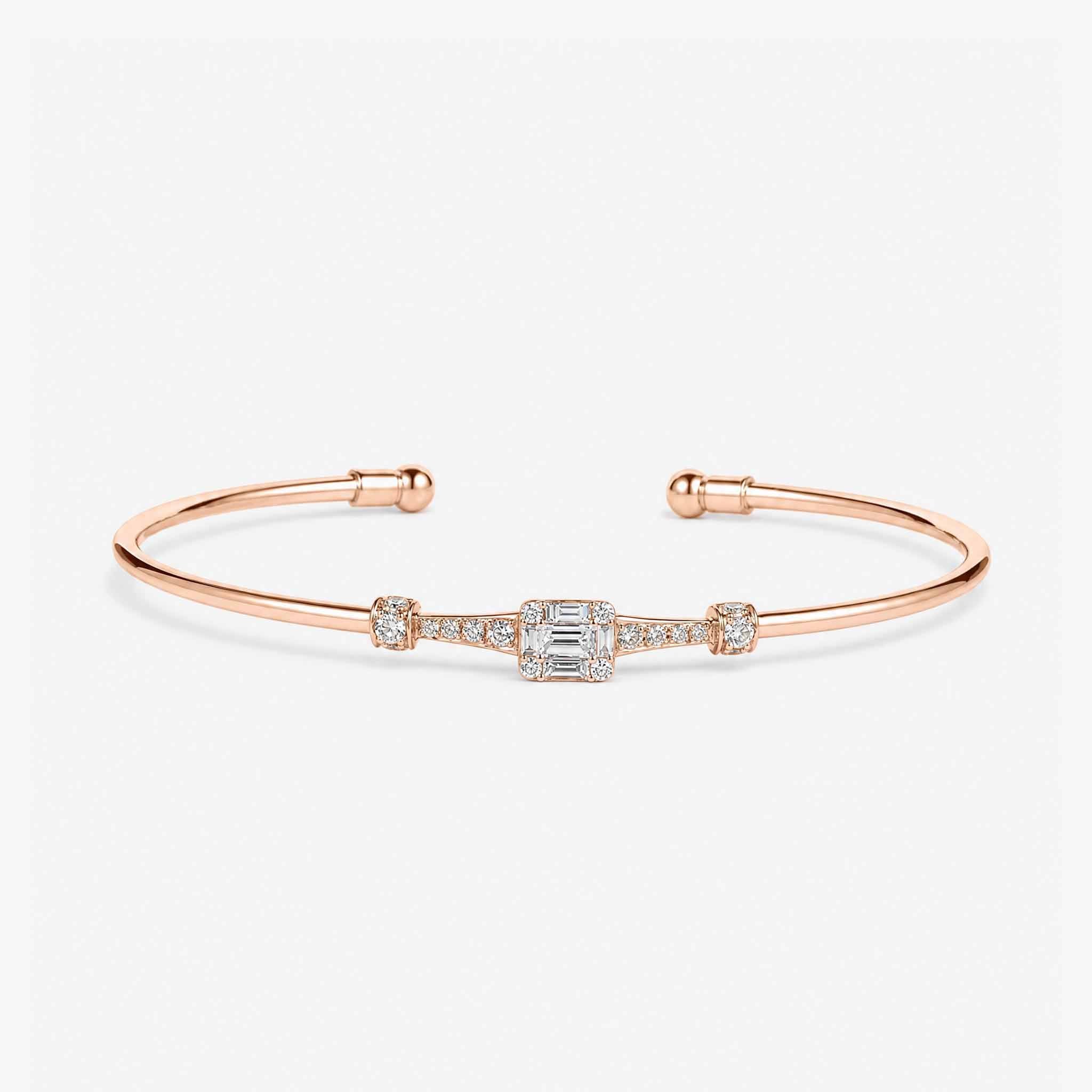 Natural Mixed Cut Diamond Cluster Open Cuff Bangle in 18K Rose Gold - JewelryAndStore