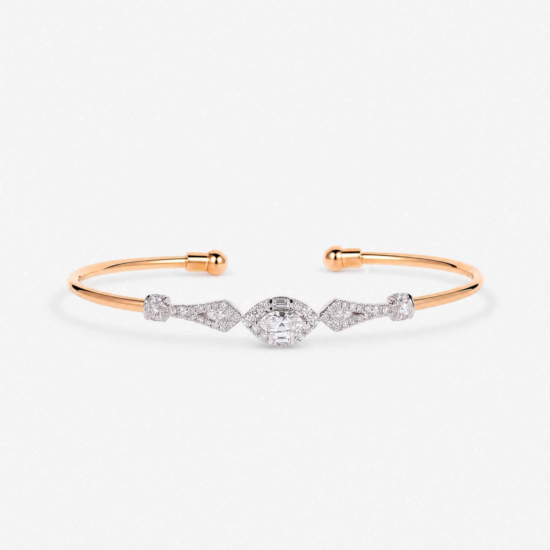 Natural Marquise and Round Diamond Halo Open Cuff Bangle in 18K Rose Gold - JewelryAndStore