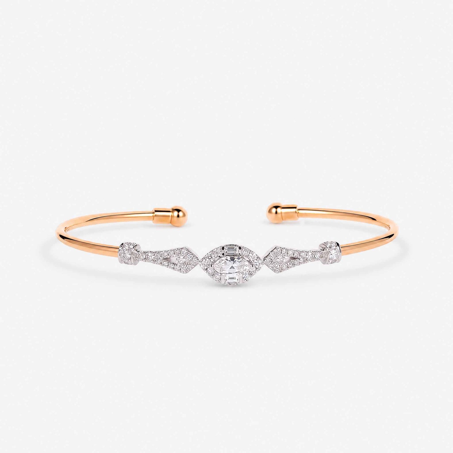 Natural Marquise and Round Diamond Halo Open Cuff Bangle in 18K Rose Gold - JewelryAndStore