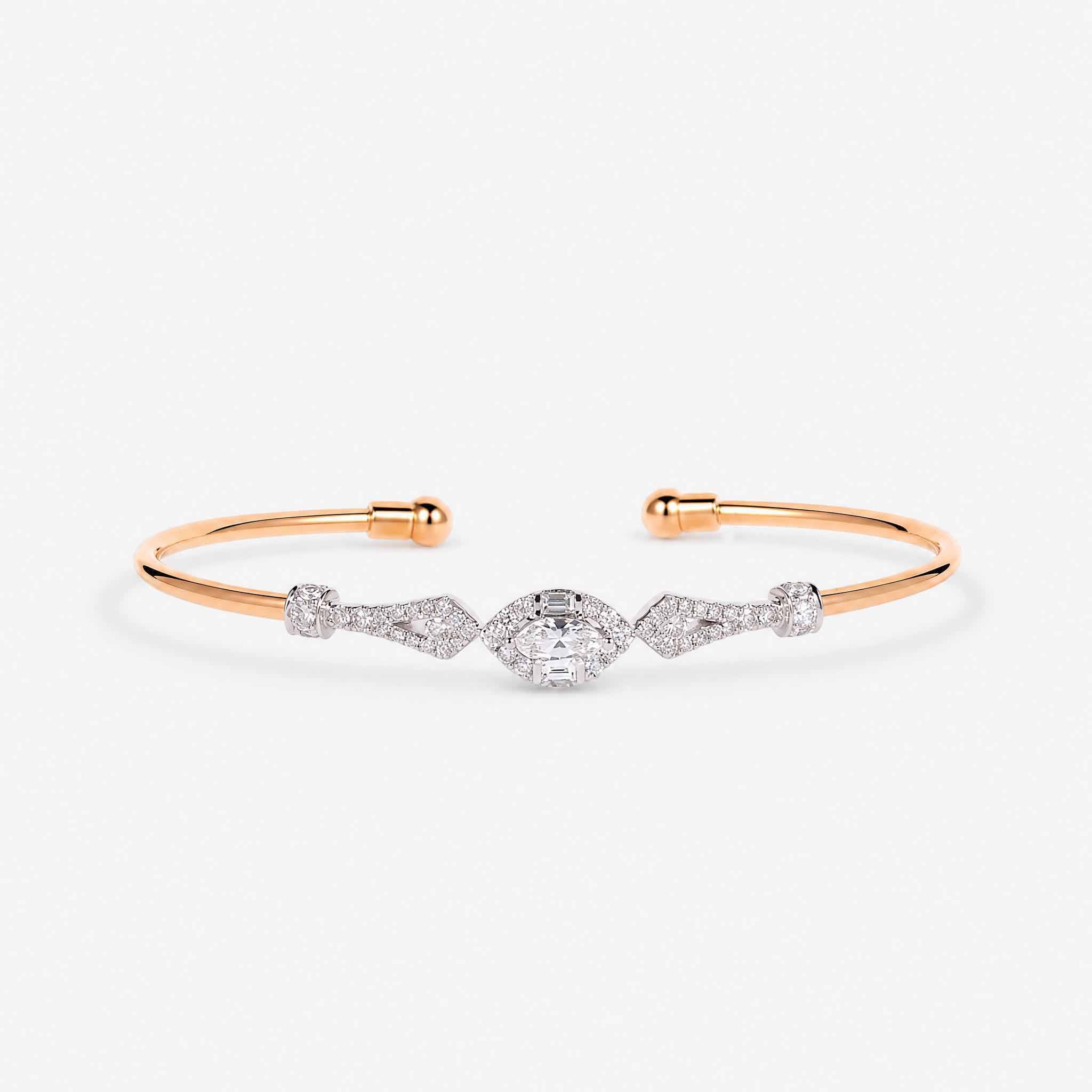 Natural Marquise and Round Diamond Halo Open Cuff Bangle in 18K Rose Gold - JewelryAndStore