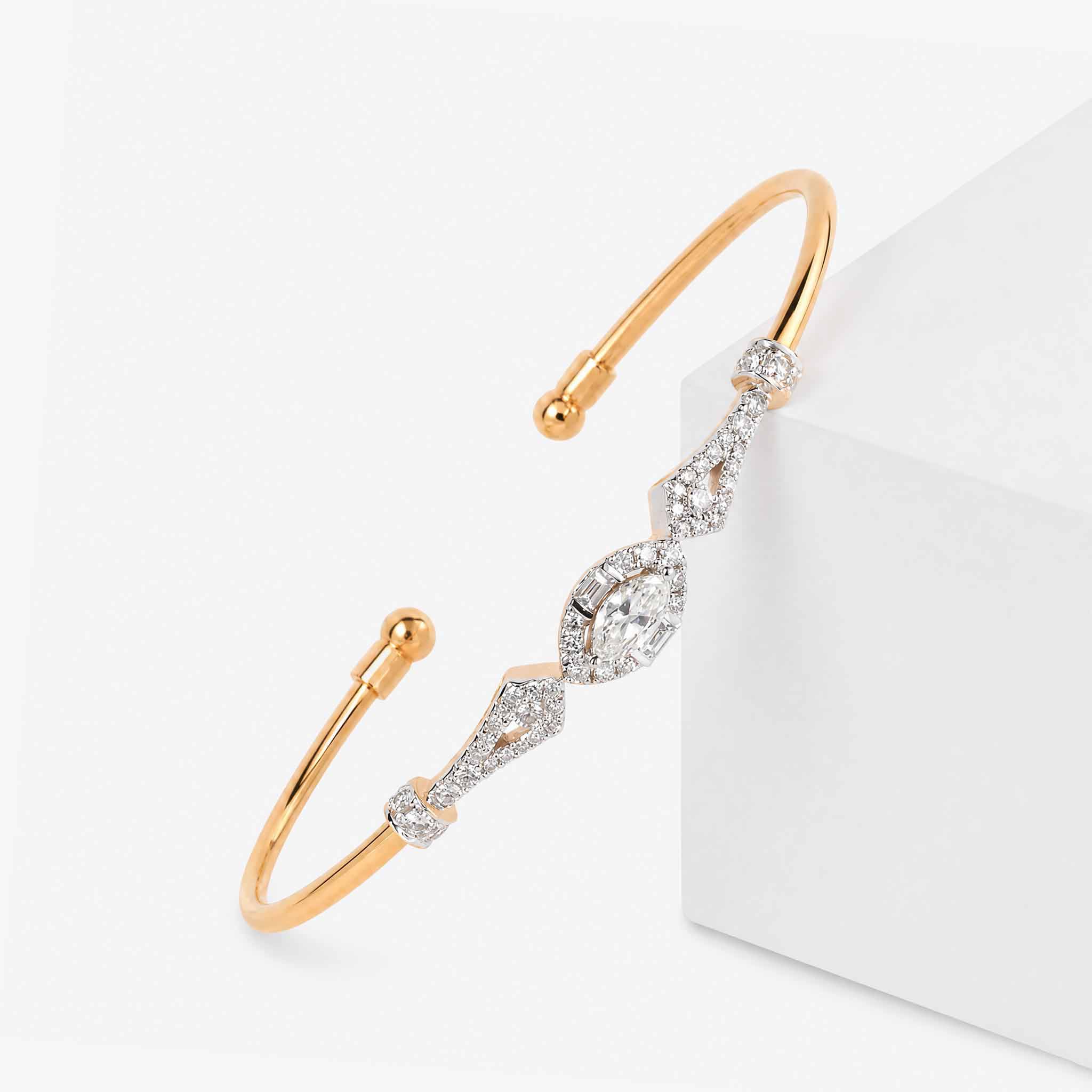Natural Marquise and Round Diamond Halo Open Cuff Bangle in 18K Rose Gold - JewelryAndStore