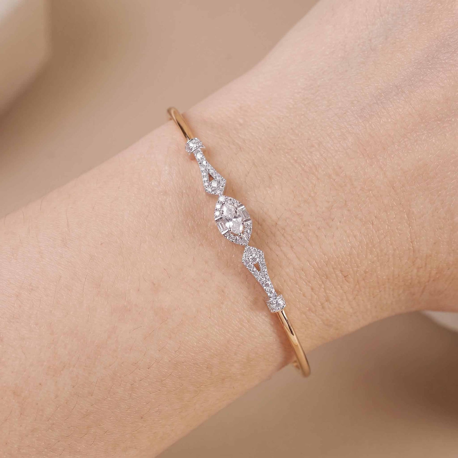 Natural Marquise and Round Diamond Halo Open Cuff Bangle in 18K Rose Gold - JewelryAndStore