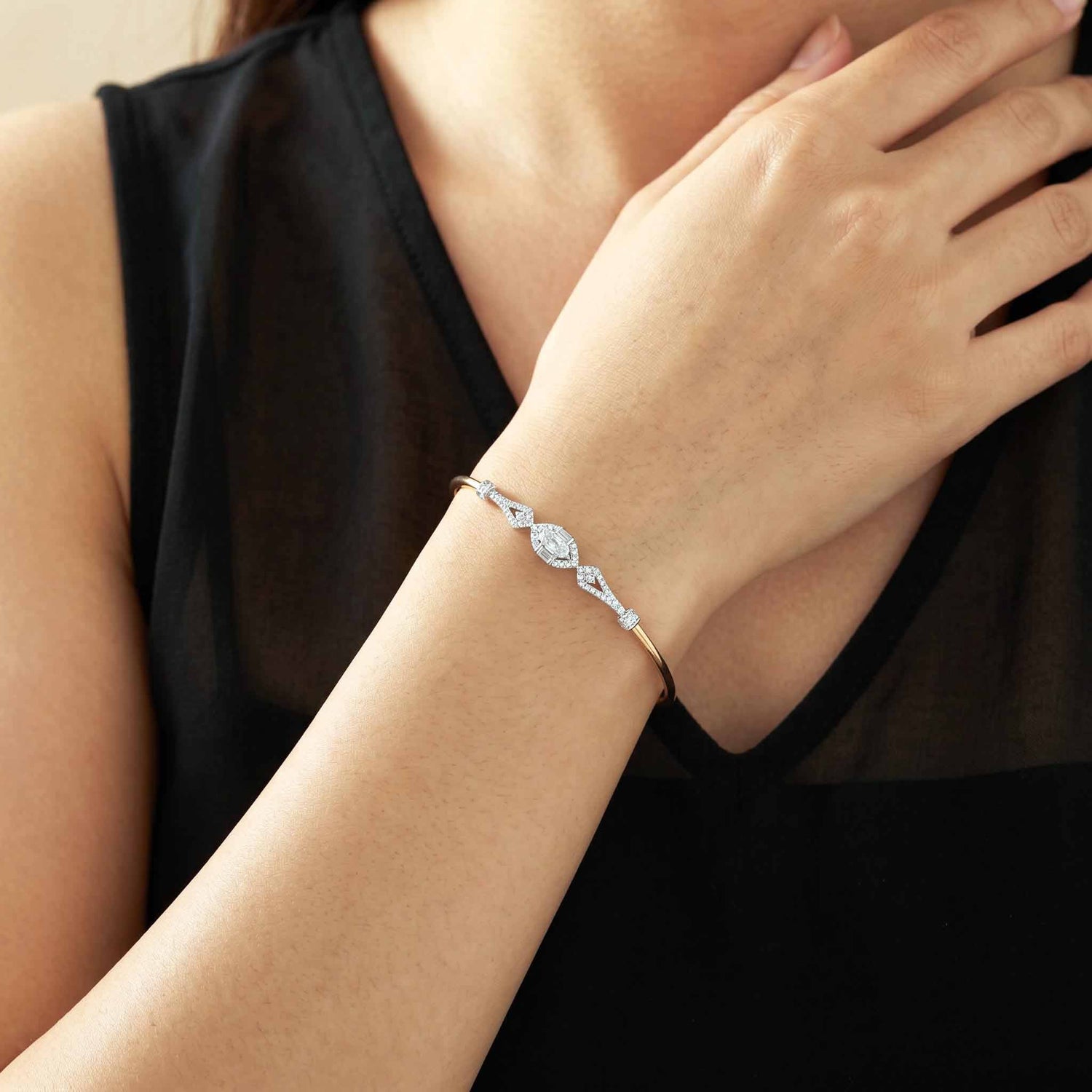 Natural Marquise and Round Diamond Halo Open Cuff Bangle in 18K Rose Gold - JewelryAndStore