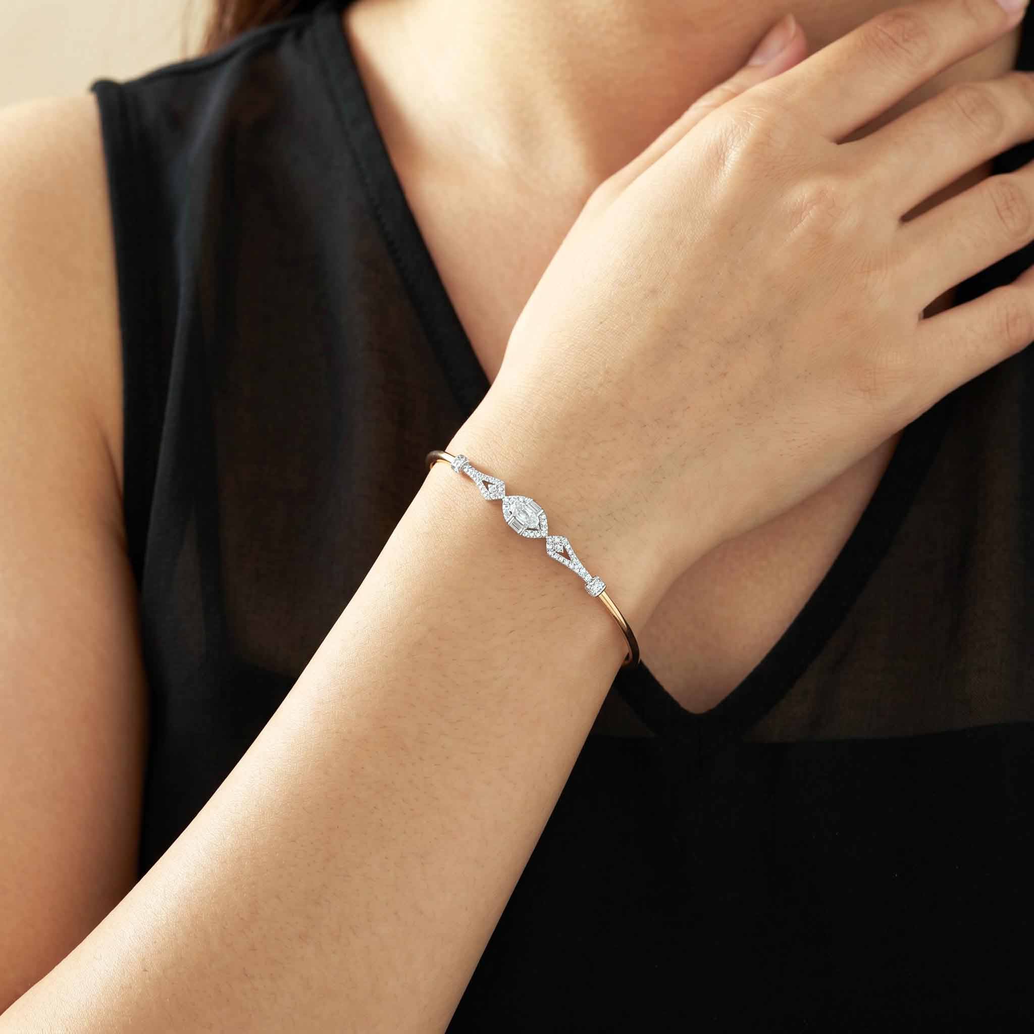 Natural Marquise and Round Diamond Halo Open Cuff Bangle in 18K Rose Gold - JewelryAndStore