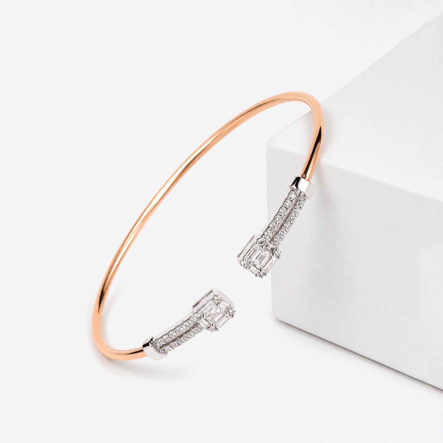 Geometric Mixed Cut Diamond Cluster Open Cuff Bangle in 18K Rose Gold - JewelryAndStore