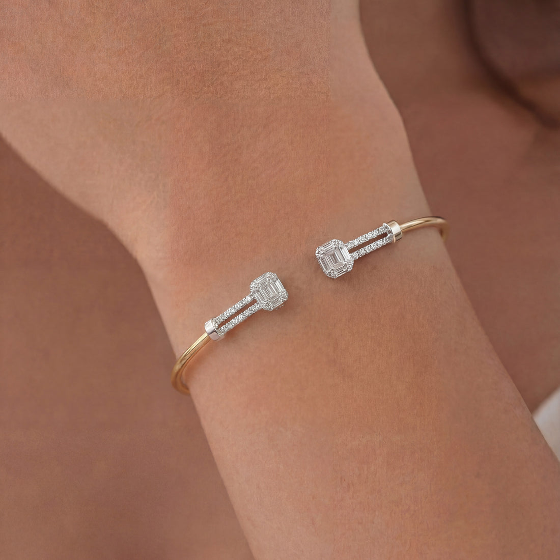 0.81 ct.tw. Natural Diamond Two - Tone Open Bangle Bracelet 18K Gold - JewelryAndStore