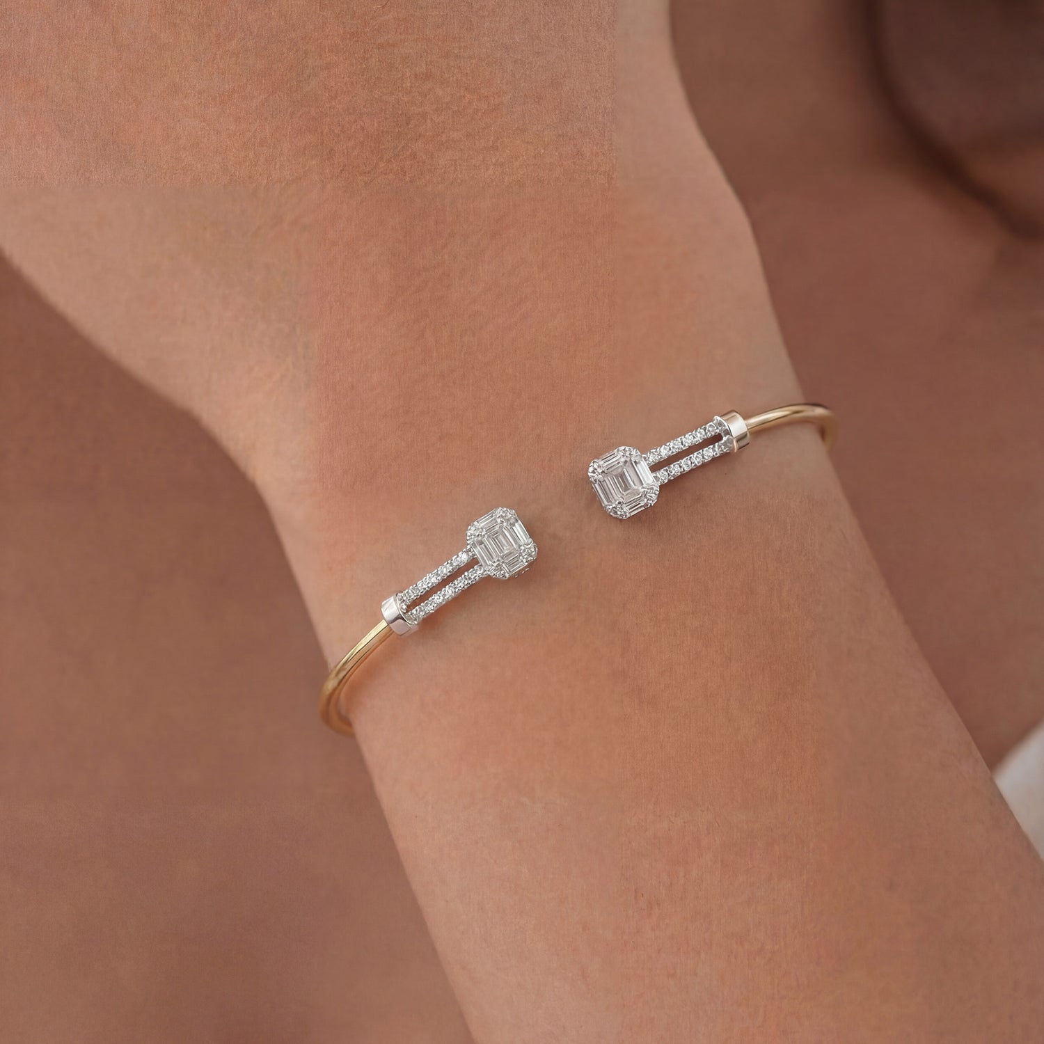 0.81 ct.tw. Natural Diamond Two - Tone Open Bangle Bracelet 18K Gold - JewelryAndStore