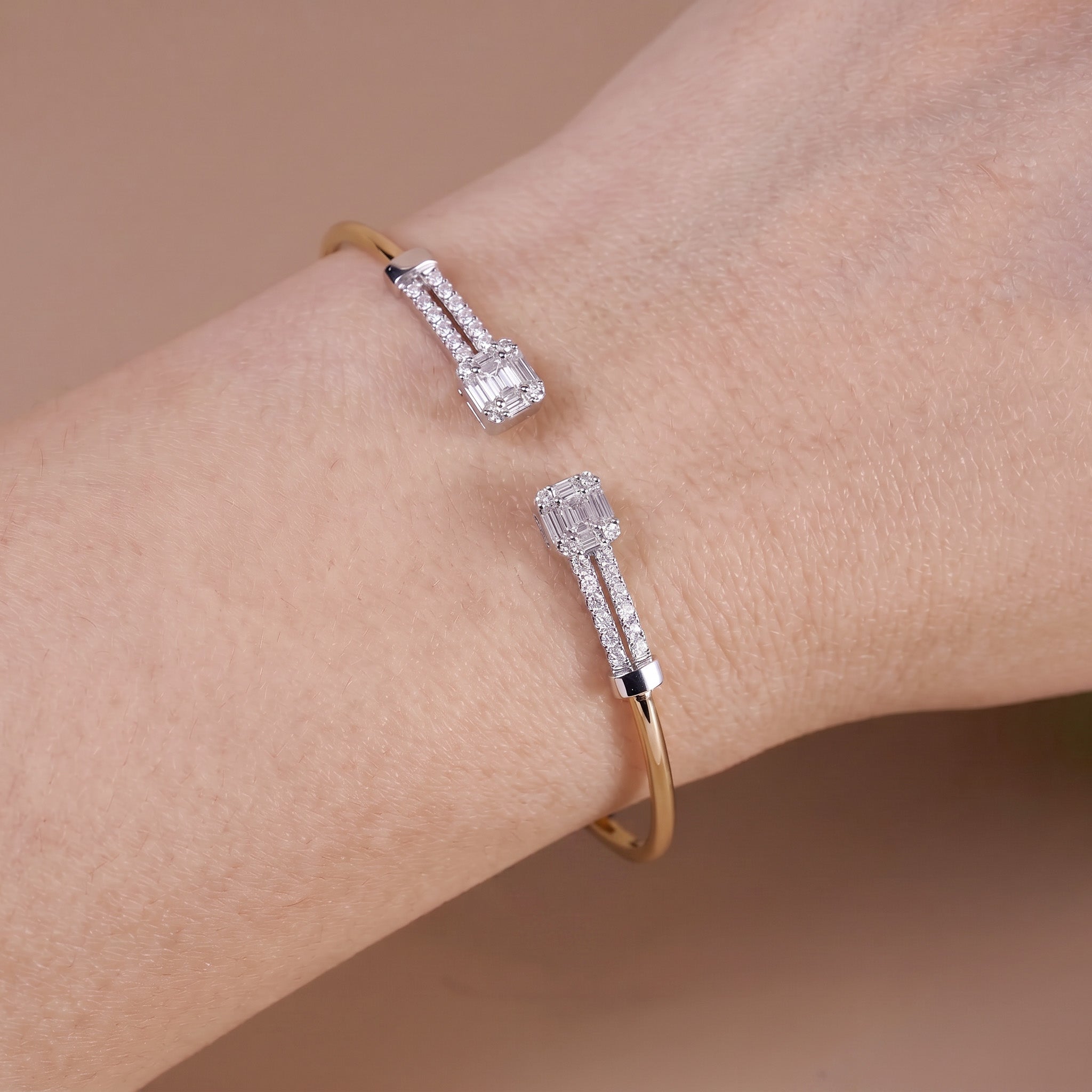 Geometric Mixed Cut Diamond Cluster Open Cuff Bangle in 18K Rose Gold - JewelryAndStore