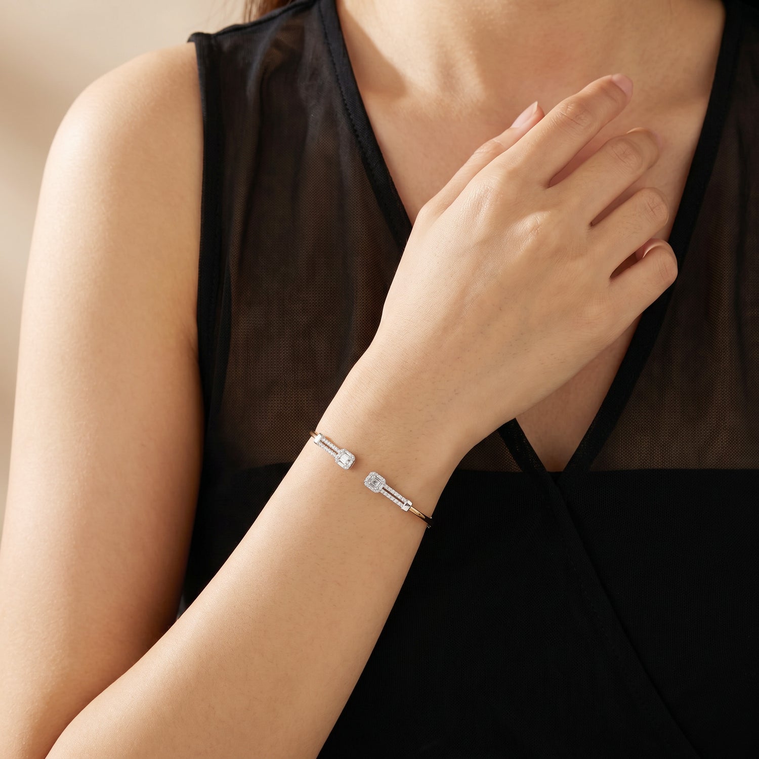 Geometric Mixed Cut Diamond Cluster Open Cuff Bangle in 18K Rose Gold - JewelryAndStore