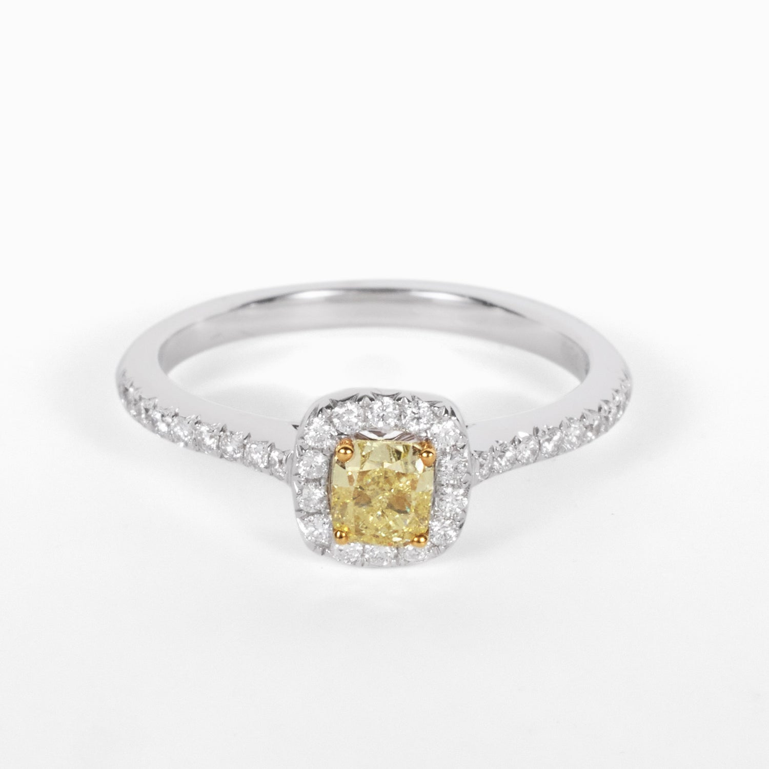 18K Gold Two - Tone Halo Ring with 0.42ct.tw. Natural Yellow Diamond - JewelryAndStore