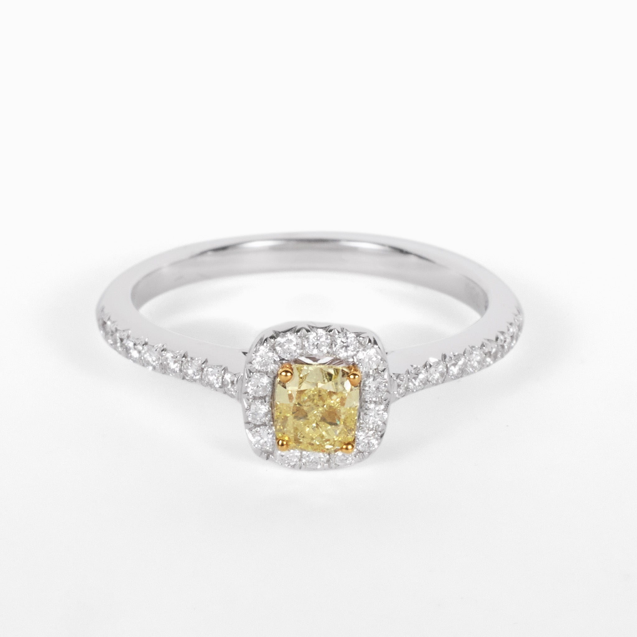 18K Gold Two - Tone Halo Ring with 0.42ct.tw. Natural Yellow Diamond - JewelryAndStore