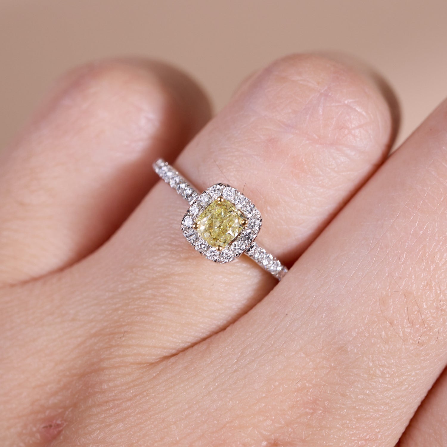 18K Gold Two - Tone Halo Ring with 0.42ct.tw. Natural Yellow Diamond - JewelryAndStore