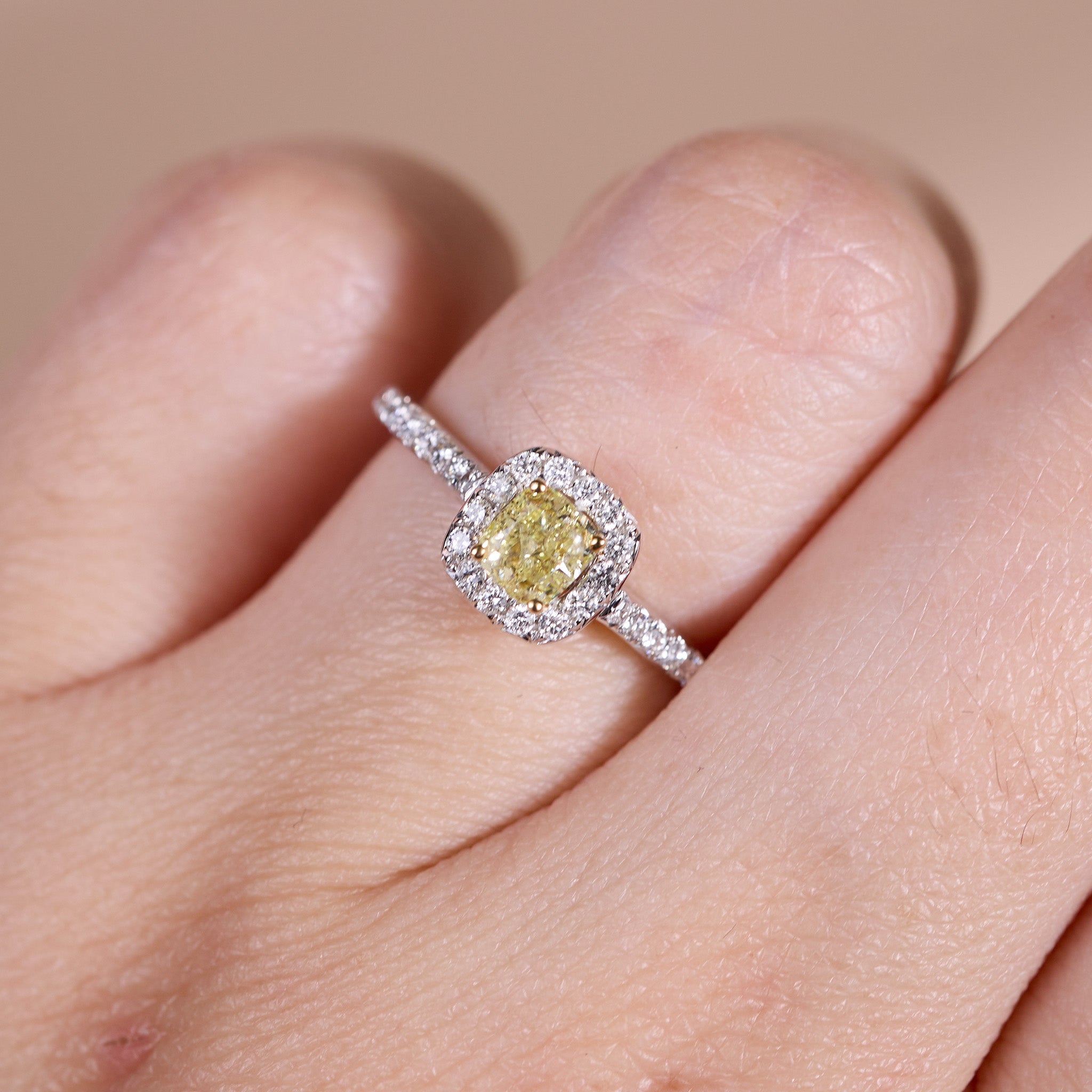 18K Gold Two - Tone Halo Ring with 0.42ct.tw. Natural Yellow Diamond - JewelryAndStore