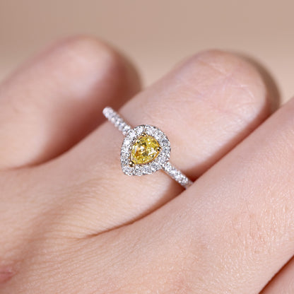 18K Gold Two - Tone Halo Ring with 0.28ct.tw.Pear - shape Yellow Diamond - JewelryAndStore
