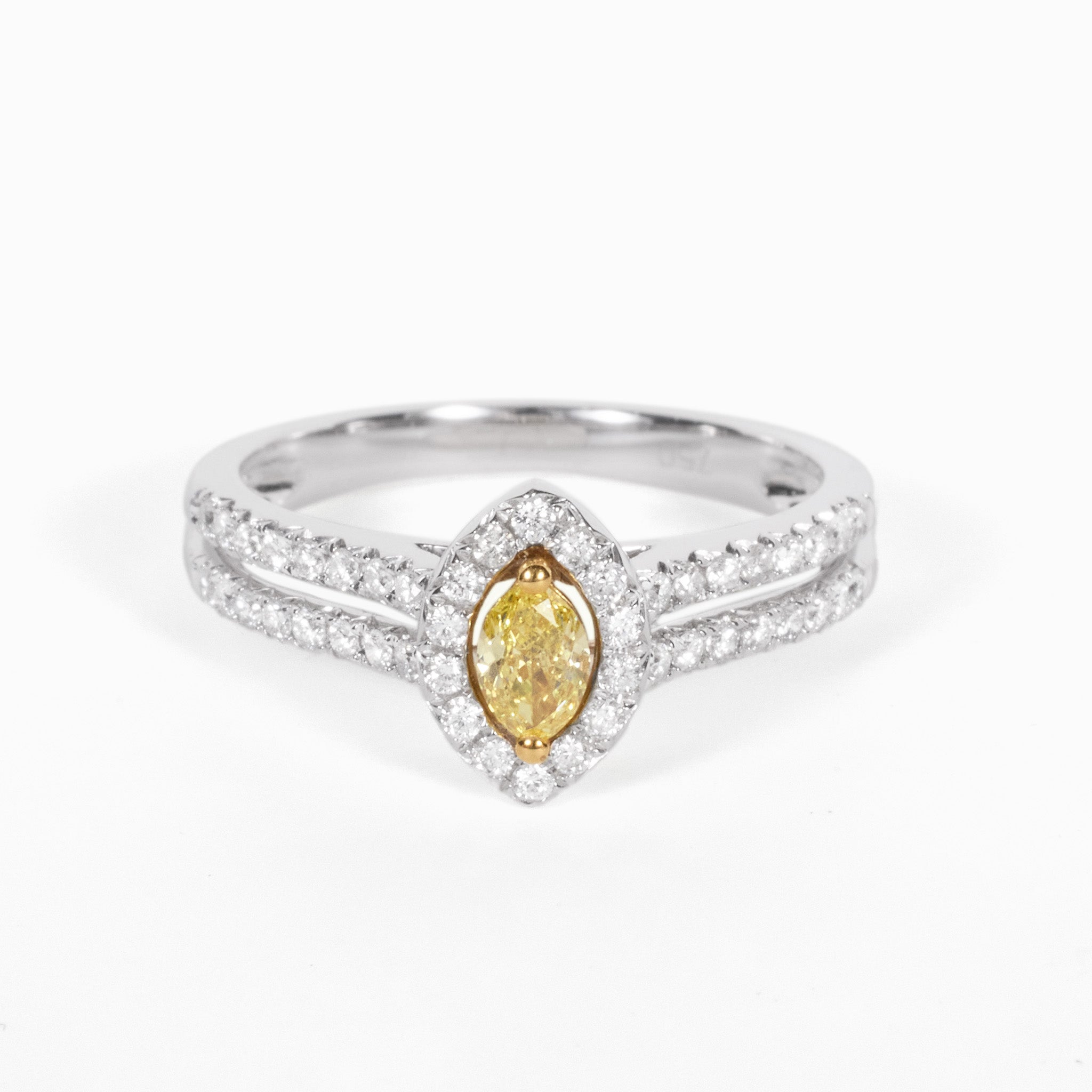 18K Gold Two - Tone Halo Ring with 0.27ct.tw. Marquise Yellow Diamond - JewelryAndStore