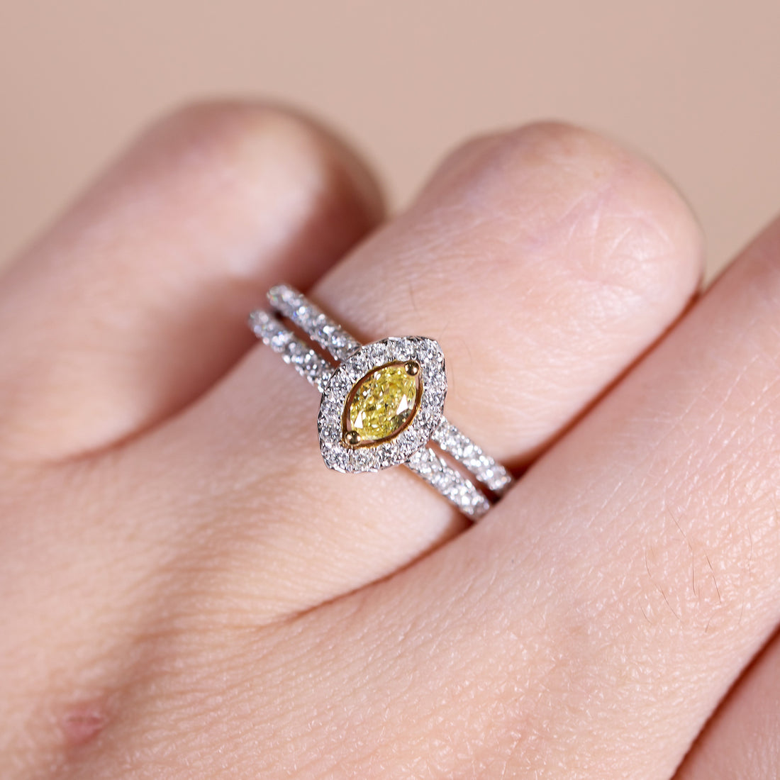 18K Gold Two - Tone Halo Ring with 0.27ct.tw. Marquise Yellow Diamond - JewelryAndStore