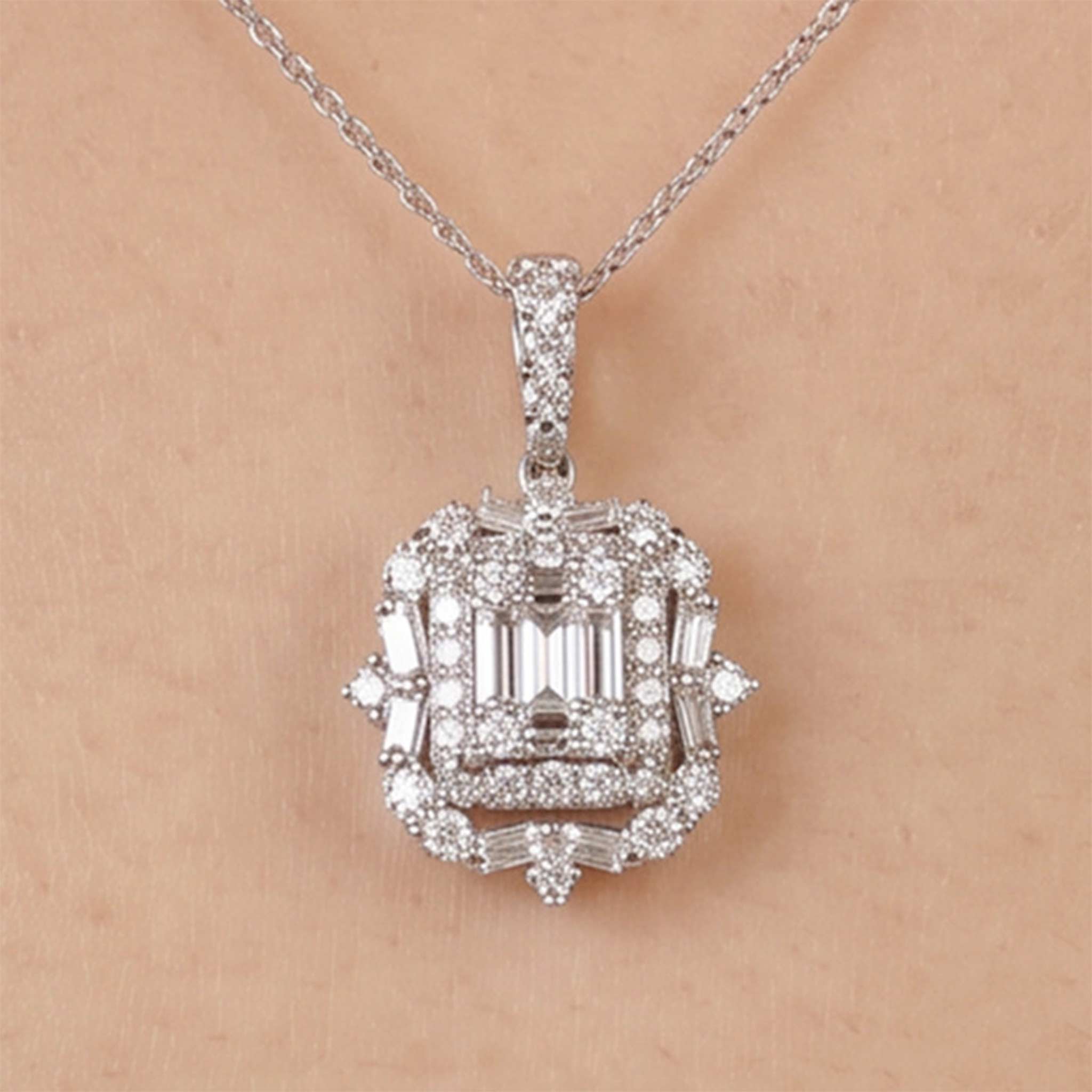 0.86ct Natural Diamond Baguette Illusion Pendant in 18K White Gold - JewelryAndStore