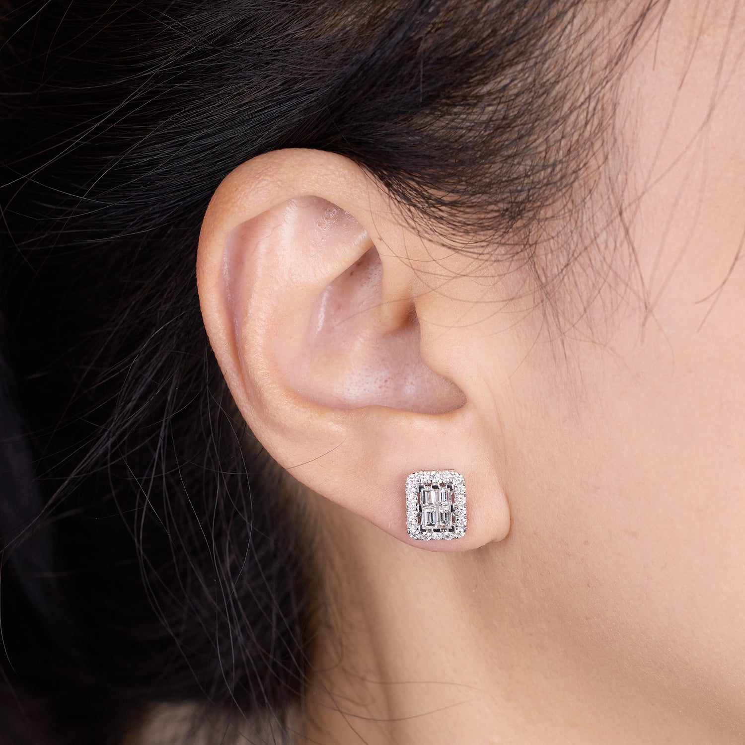 1.22ct Baguette and Round Diamond Halo Stud Earrings in White Gold - JewelryAndStore