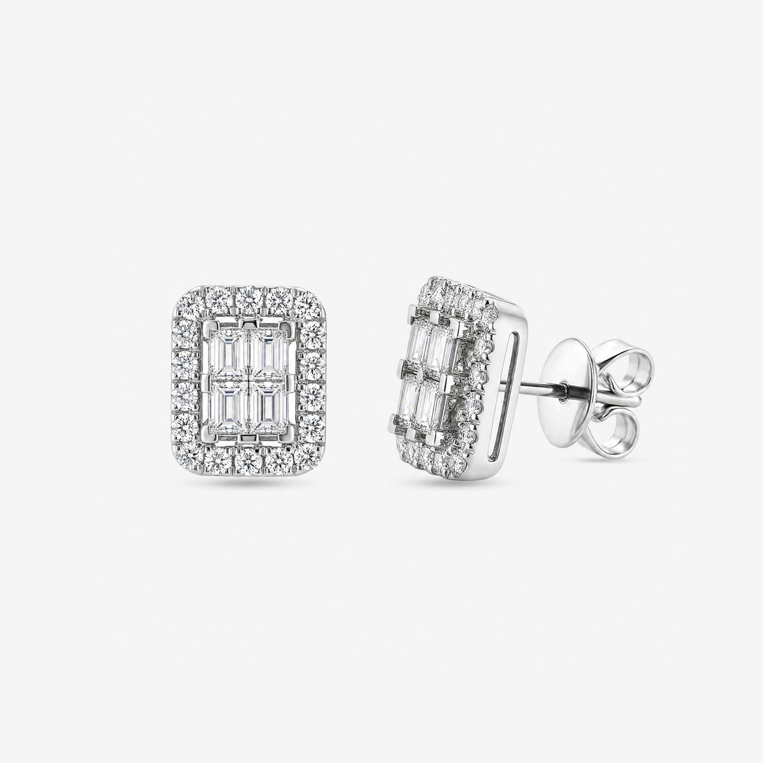 1.22ct Baguette and Round Diamond Halo Stud Earrings in White Gold - JewelryAndStore