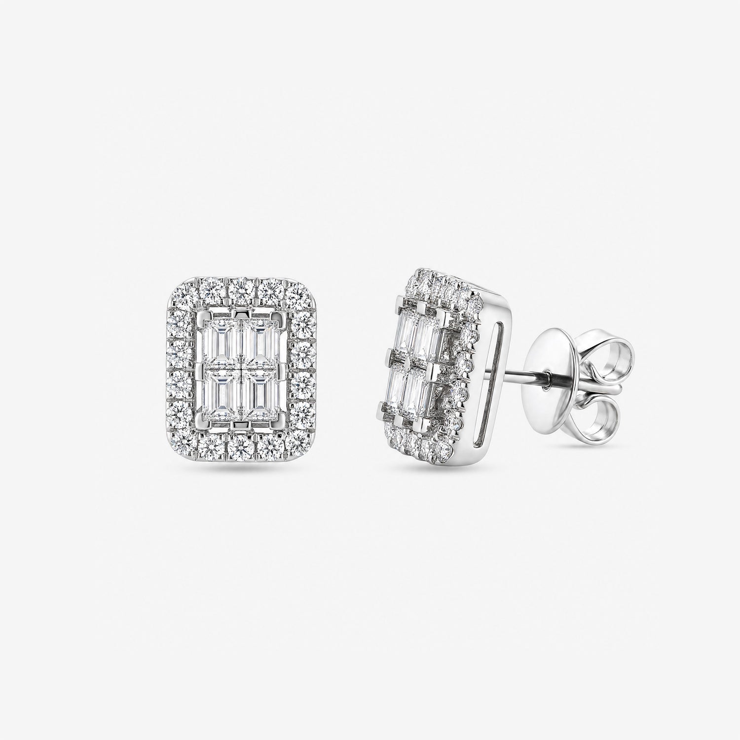1.22ct Baguette and Round Diamond Halo Stud Earrings in White Gold - JewelryAndStore