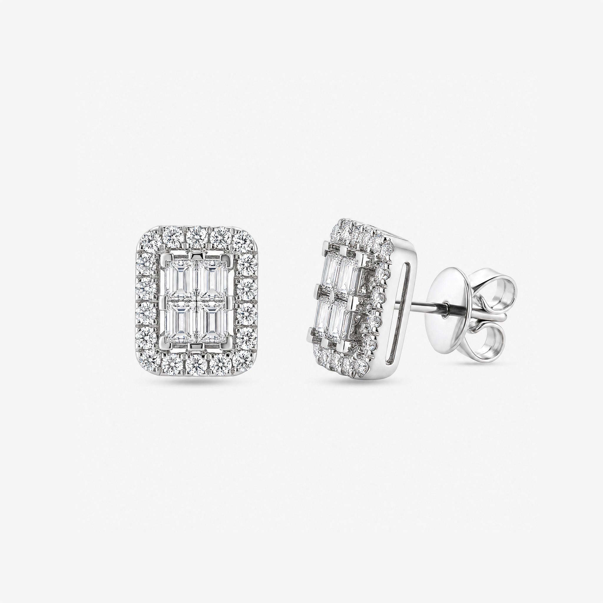 1.22ct Baguette and Round Diamond Halo Stud Earrings in White Gold - JewelryAndStore