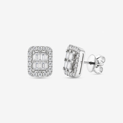1.22ct Baguette and Round Diamond Halo Stud Earrings in White Gold - JewelryAndStore