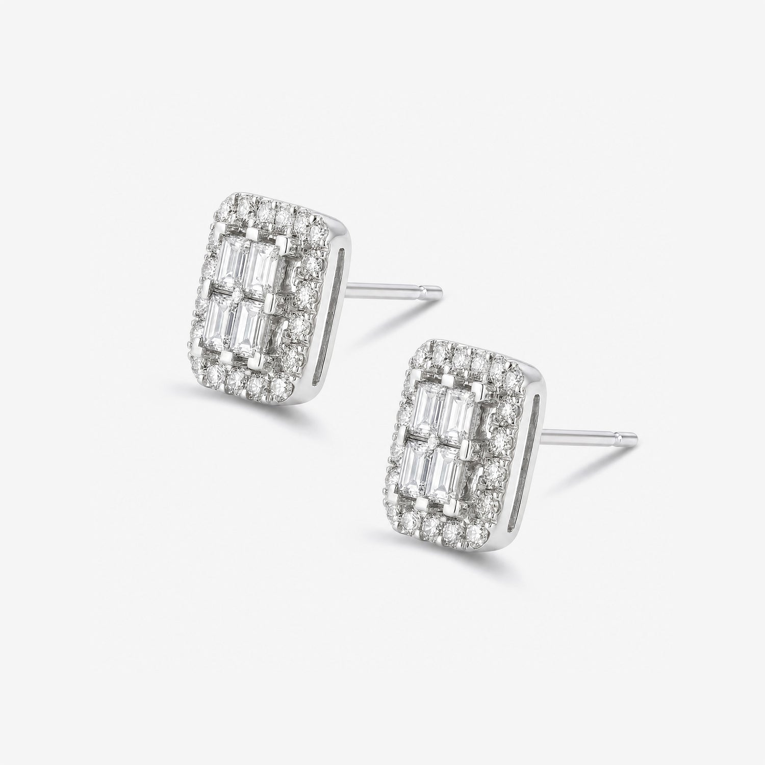 1.22ct Baguette and Round Diamond Halo Stud Earrings in White Gold - JewelryAndStore