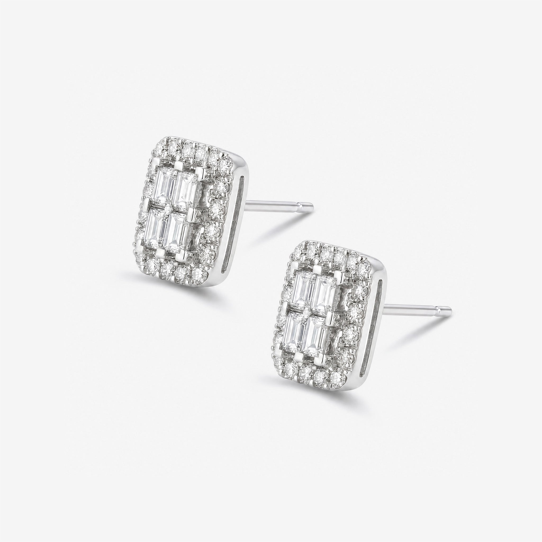 1.22ct Baguette and Round Diamond Halo Stud Earrings in White Gold - JewelryAndStore