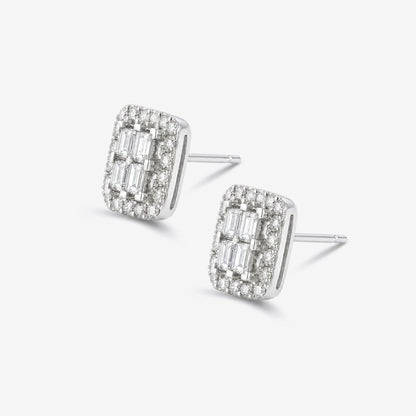 1.22ct Baguette and Round Diamond Halo Stud Earrings in White Gold - JewelryAndStore
