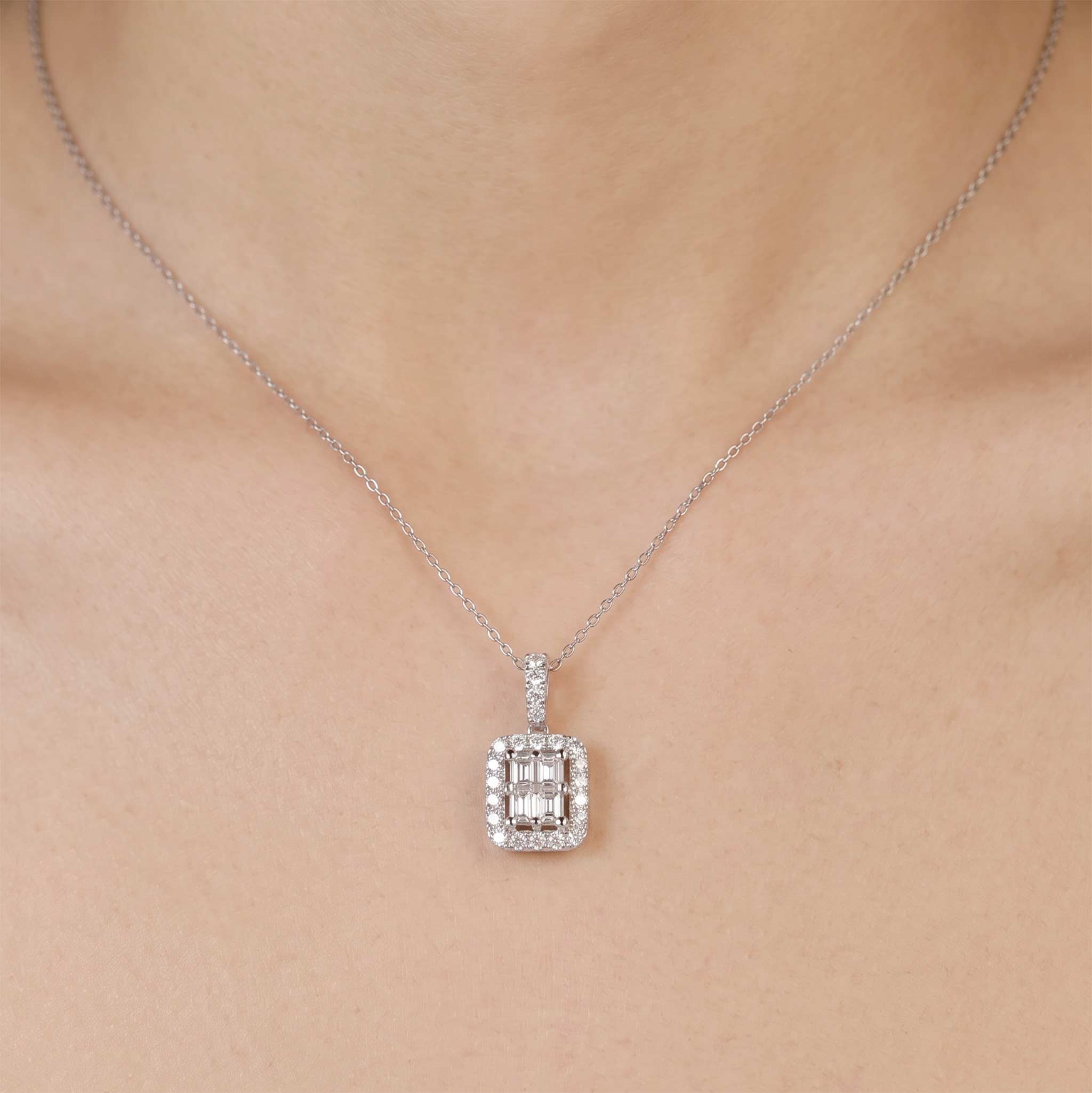 0.67ct Natural Diamond Square Baguette Illusion Pendant in 18K White Gold - JewelryAndStore