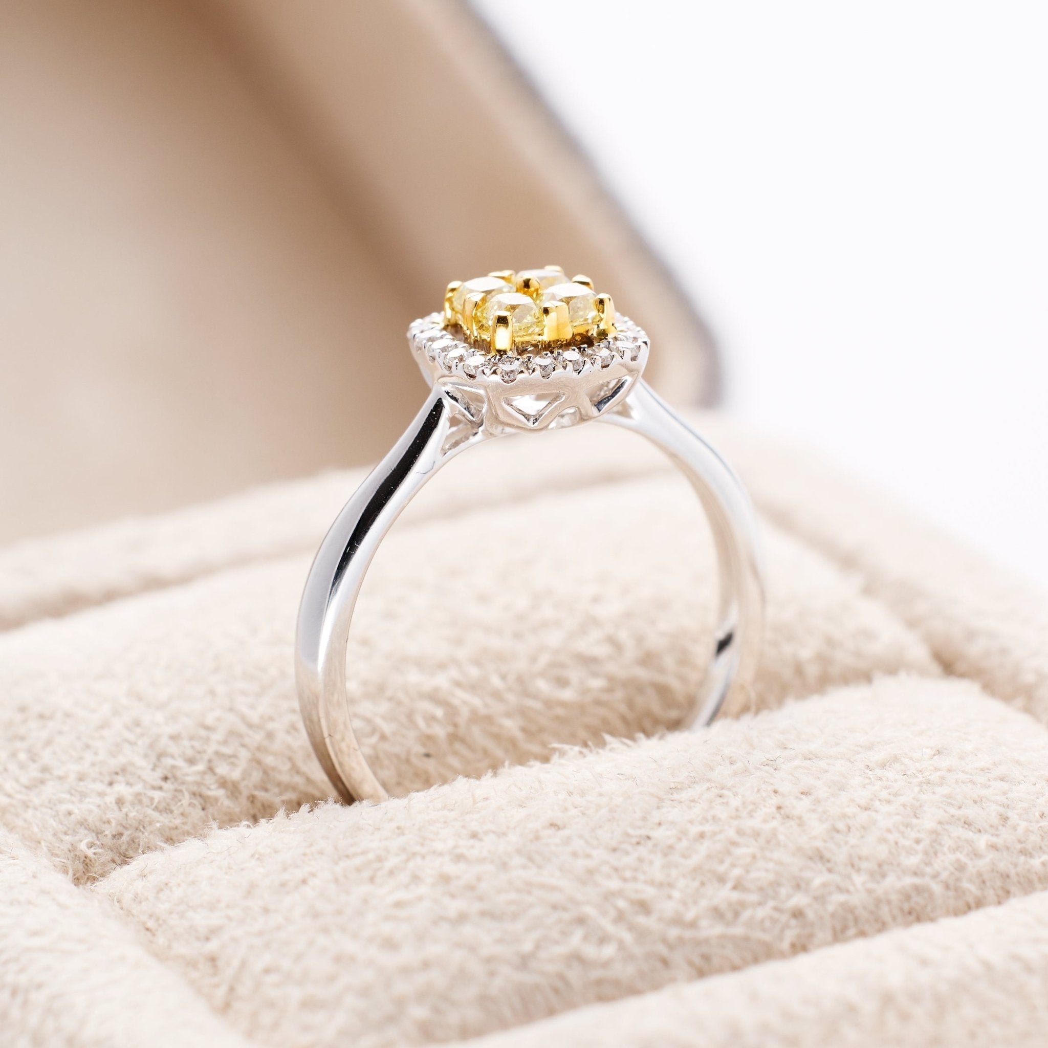 18K Two‑Tone Mosaic Square Yellow Diamond Halo Ring - JewelryAndStore