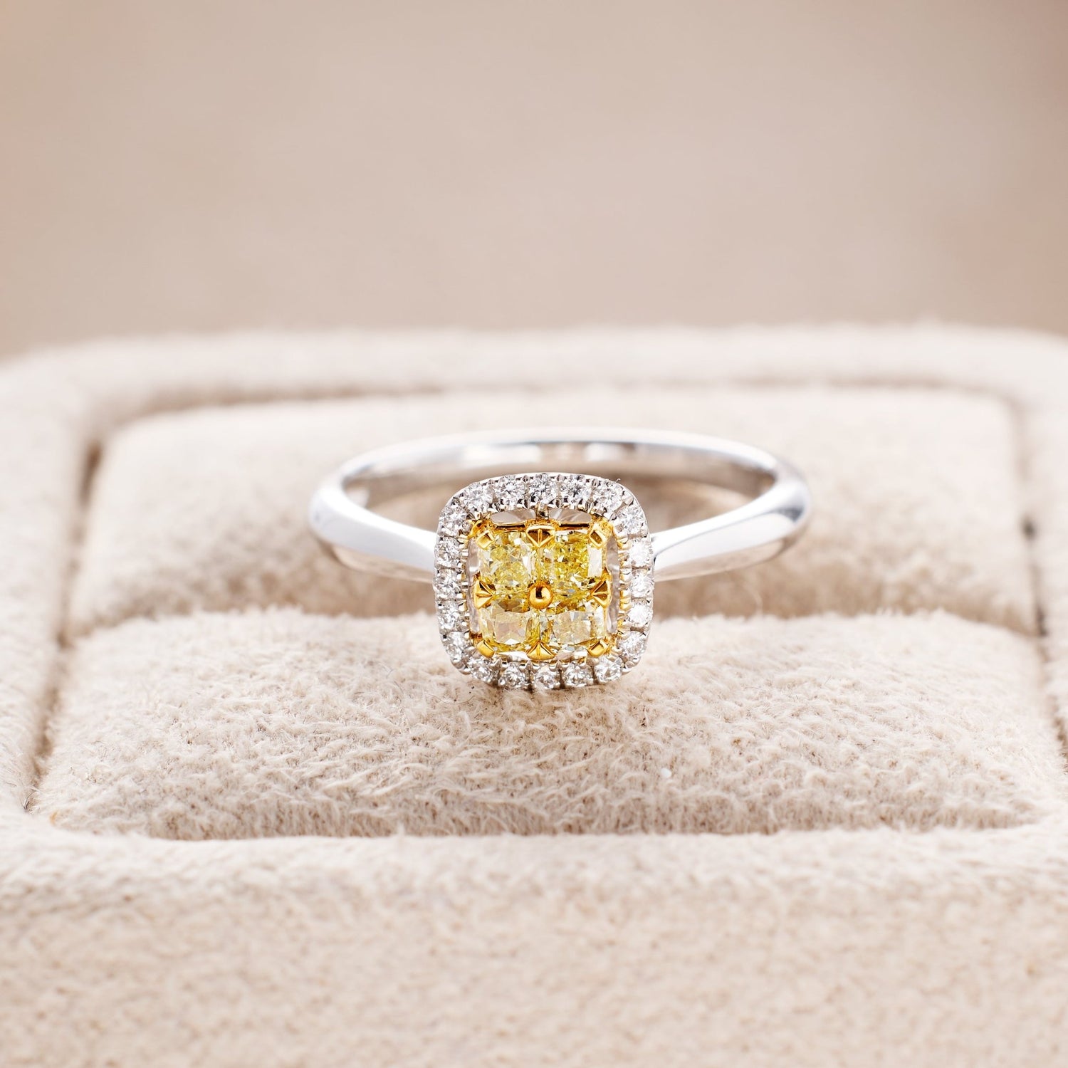 18K Two‑Tone Mosaic Square Yellow Diamond Halo Ring - JewelryAndStore