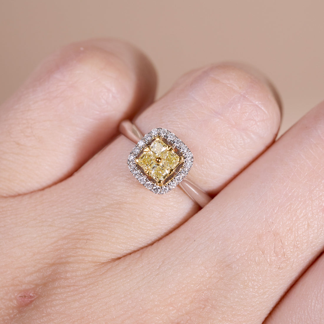 18K Two‑Tone Mosaic Square Yellow Diamond Halo Ring - JewelryAndStore