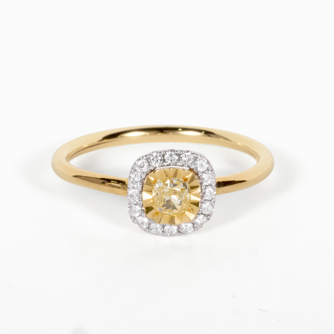 18K Gold Yellow Diamond Miracle - Plate Cushion Halo Ring - JewelryAndStore