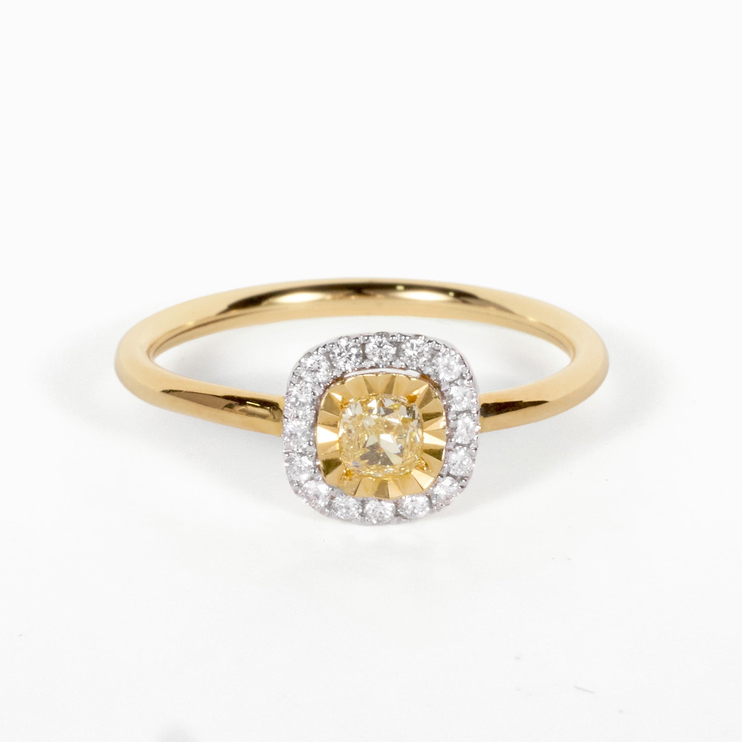 18K Gold Yellow Diamond Miracle - Plate Cushion Halo Ring - JewelryAndStore
