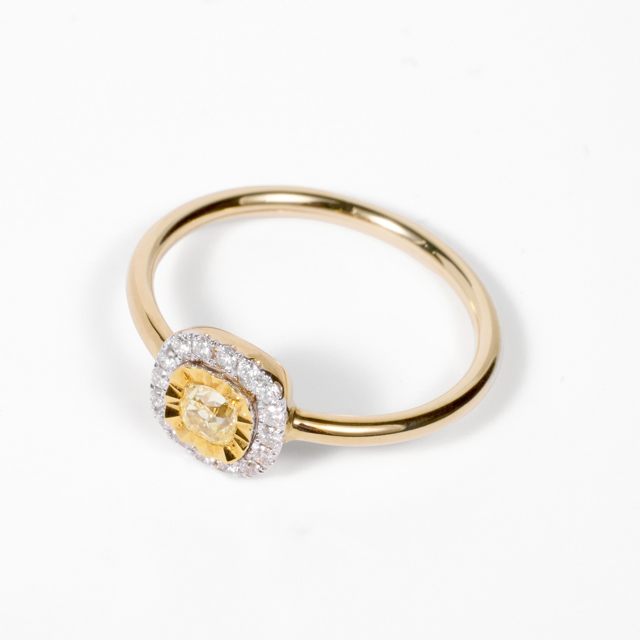 18K Gold Yellow Diamond Miracle - Plate Cushion Halo Ring - JewelryAndStore
