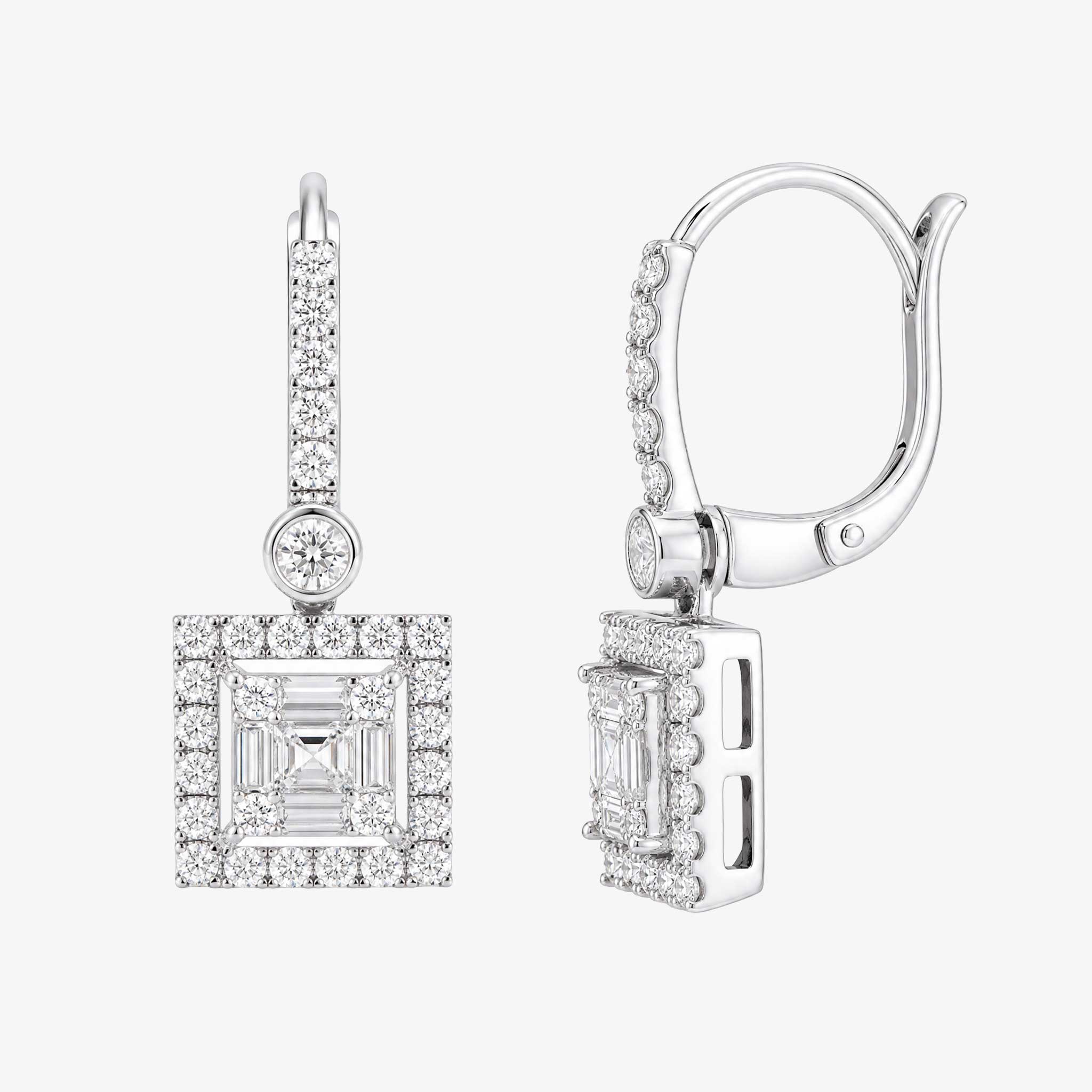 1.32ct Natural Diamond Square Halo Dangle Earrings in 18K White Gold - JewelryandStore