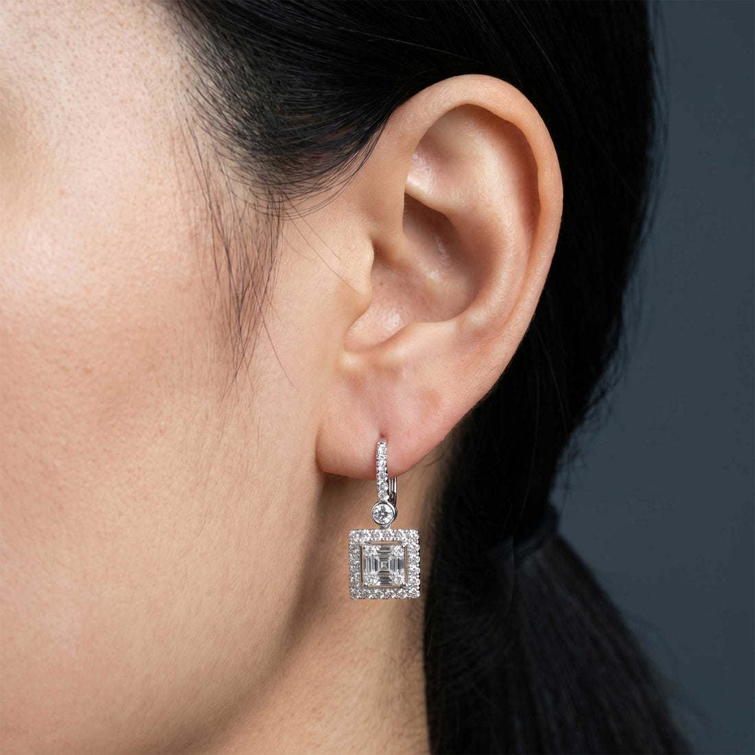 1.32ct Natural Diamond Square Halo Dangle Earrings in 18K White Gold - JewelryAndStore