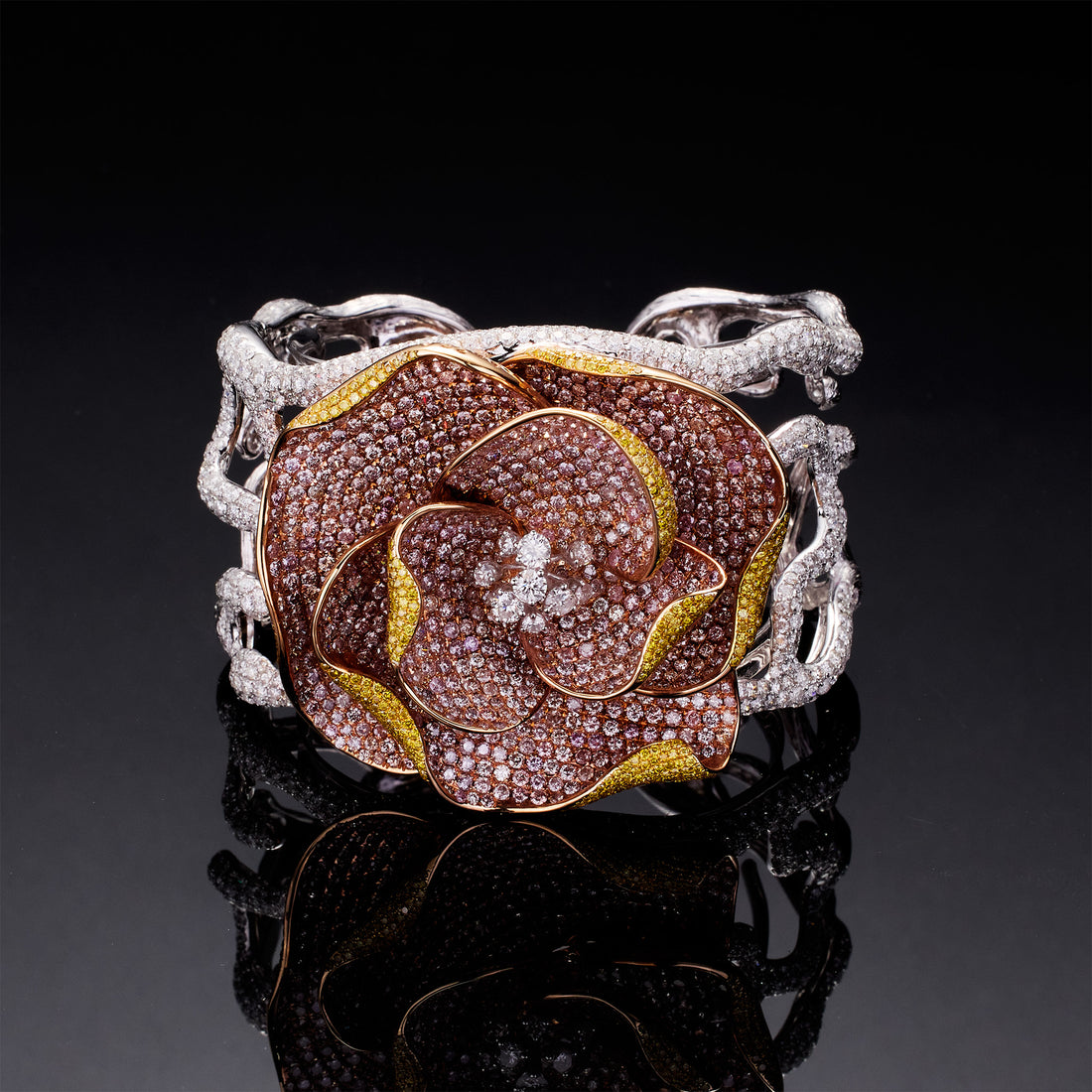 18K Gold Rose Bangle with Pink Diamonds &amp; White Diamonds - Jewelry And Store