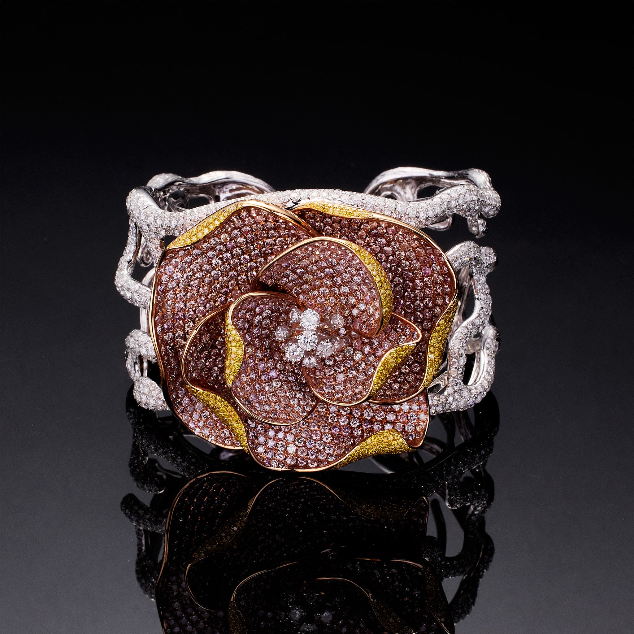 18K Gold Rose Bangle with Pink Diamonds &amp; White Diamonds - Jewelry And Store