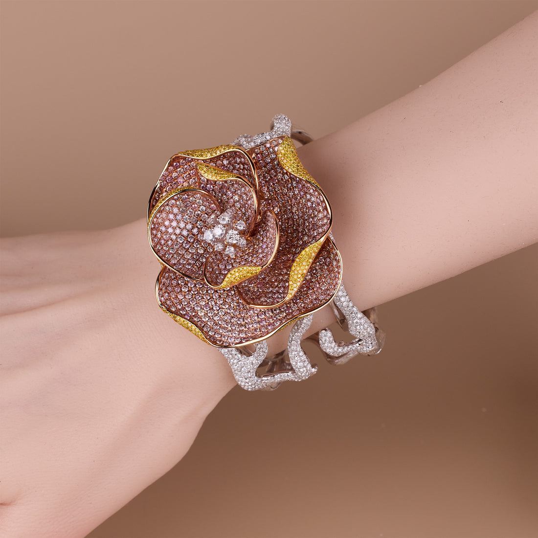 18K Gold Rose Bangle with Pink Diamonds &amp; White Diamonds - Jewelry And Store